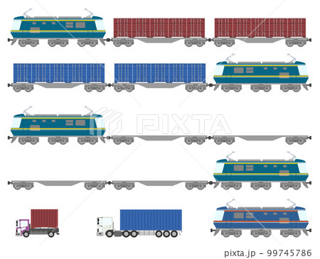 貨物列車 コンテナ コンテナトラック セットのイラスト素材 [99745786