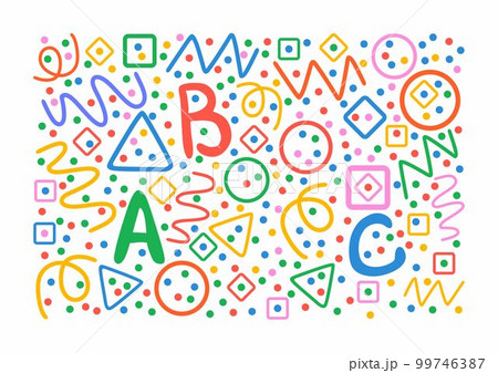 Colorful pattern. Circles, triangles, serpentine, dots, squares, rhombus and zigzag. ABC letters. 99746387