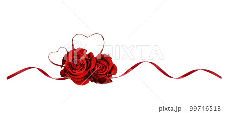 Red silk ribbon hearts and waves with rose flowers isolated on white for Valentine's day Red silk ribbon hearts and waves with rose flowers isolated on white for Valentine's day 99746513