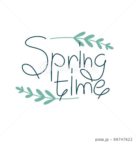 Minimalistic handwritten lettering of spring time with delicate graceful plant twigs 99747622