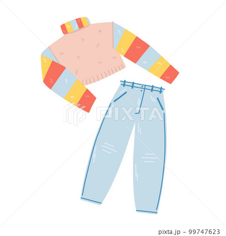 Illustration of a multi-colored cropped sweater and blue jeans in a flat style 99747623