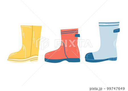 A set of multi-coloured rubber boots for wet weather in flat style, one each. 99747649