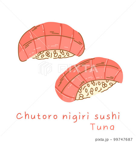 Portioned chutoro nigiri sushi with tuna on rice side view and three quarter view Portioned chutoro nigiri sushi with tuna on rice side view and three quarter view 99747687