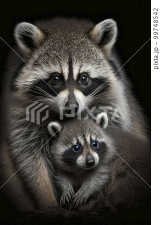 Mother raccoon with little raccoon. Generative AI. 99748542