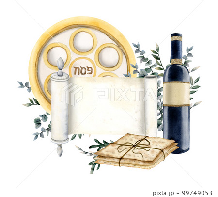 Watercolor Passover greeting template for card, invitation, flyer with scroll, matzah, Pesah seder plate, eucalyptus Watercolor Passover greeting template for card, invitation, flyer with scroll, matzah, Pesah seder plate, eucalyptus 99749053