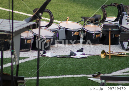 High school band drums on the football field  99749470