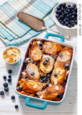 Blueberry Almond Mascarpone French Toast, top view Blueberry Almond Mascarpone French Toast, top view 99749710