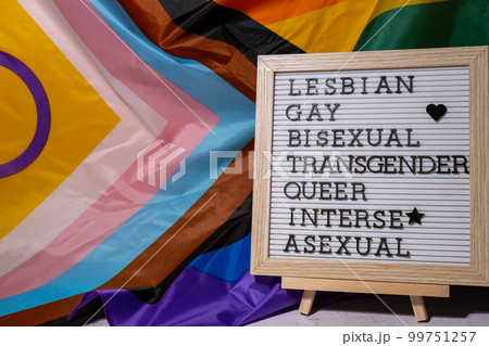 LGBTQIA description frame on Rainbow LGBTQIA flag made from silk material. LESBIAN, GAY, BISEXUAL, TRANSGENDER, QUEER, INTERSEX, ASEXUAL Symbol of LGBTQ pride month. Equal rights. Peace and freedom 99751257