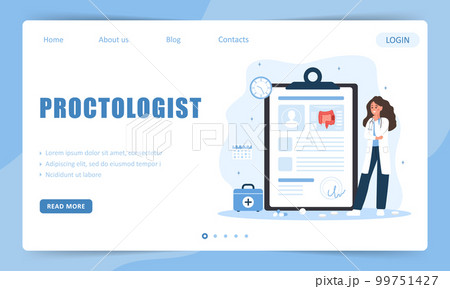 Proctologist concept. Landing page template. Female doctor make diagnosis and choose treatment methods. Woman in lab coat analysis intestine. Cancer prevention. Vector illustration in cartoon style Proctologist concept. Landing page template. Female doctor make diagnosis and choose treatment methods. Woman in lab coat analysis intestine. Cancer prevention. Vector illustration in cartoon style 99751427