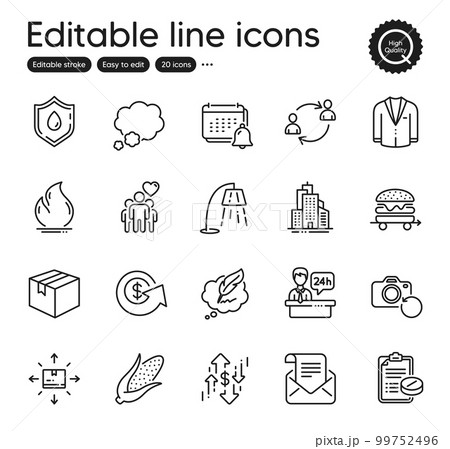 Set of Business outline icons. Contains icons as Copyright chat, Food delivery and Suit elements. Notification, Parcel, Dollar exchange web signs. Mail newsletter, Fire energy. Vector 99752496