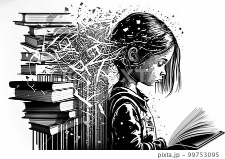abstract drawing of a girl reading a book and a stack of books flying out of her head and dripping down behind her 99753095