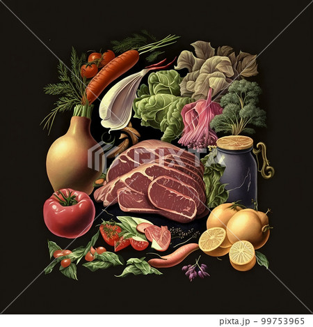 Meat, different vegetables and fruits on a black background, vintage postcard style, for shop advertising banners and package design 99753965