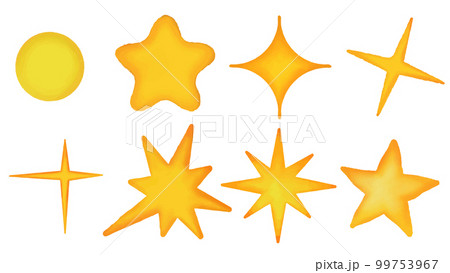 Yellow watercolor sparkle symbol vector set. Bright firework, decoration twinkle, shiny flash. 99753967