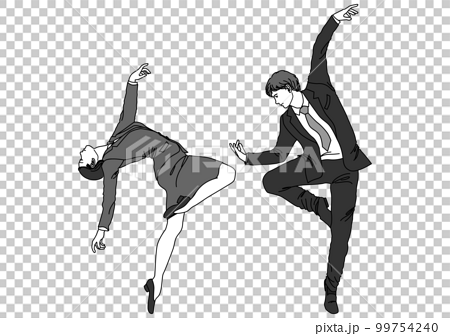 社交ダンス　スーツでダンスを踊るビジネスマン男性とビジネスウーマン女性のイラスト 全身横向き 横顔 99754240
