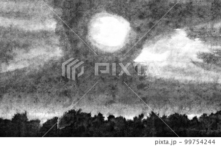 夜の空の雲と月モノクロ背景（墨の手描きイラスト） 99754244