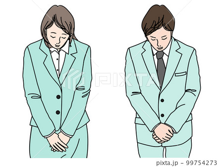 丁寧にお辞儀するスーツ姿のビジネスマン男性と女性 上半身正面カラーのイラストセット 99754273