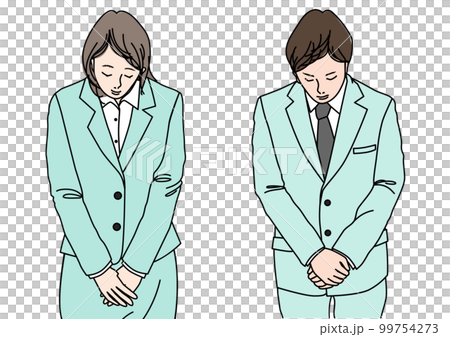 Businessman and woman in suit bowing politely, upper body front color illustration set Businessman and woman in suit bowing politely, upper body front color illustration set 99754273