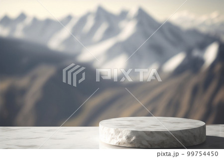 White stone podium made of stone, beautiful lanscape with mountains and blue sky on the background, platform for cosmetic product. ai generative. White stone podium made of stone, beautiful lanscape with mountains and blue sky on the background, platform for cosmetic product. ai generative. 99754450