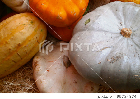 Stack of winter squashes on a market stall 99754874