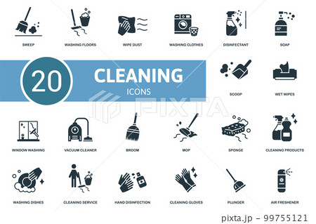 Cleaning set icon. Contains cleaning illustrations such as washing floors, washing clothes, soap and more. Cleaning set icon. Contains cleaning illustrations such as washing floors, washing clothes, soap and more. 99755121