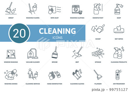 Cleaning set icon. Contains cleaning illustrations such as washing floors, washing clothes, soap and more. Cleaning set icon. Contains cleaning illustrations such as washing floors, washing clothes, soap and more. 99755127