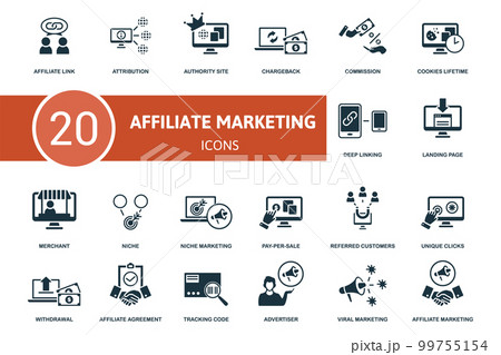Affiliate Marketing set icon. Contains affiliate marketing illustrations such as attribution, chargeback, cookies lifetime and more. 99755154
