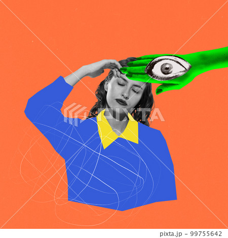 Contemporary art collage. Bright design. Young woman with thoughtful mood over orange background. Social help Contemporary art collage. Bright design. Young woman with thoughtful mood over orange background. Social help 99755642