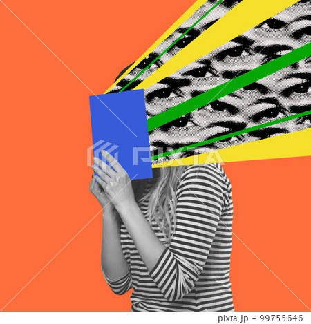 Contemporary art collage. Bright design. Women over orange background with endless flow of human eyes Contemporary art collage. Bright design. Women over orange background with endless flow of human eyes 99755646