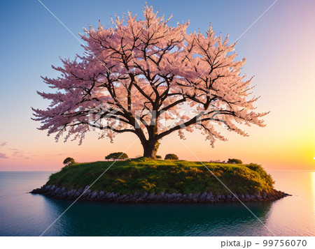 夕暮れ時 孤島に咲く一本桜【AI生成画像】 夕暮れ時 孤島に咲く一本桜【AI生成画像】 99756070