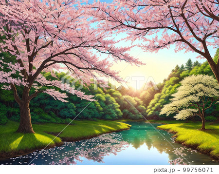 遅咲きの桜と新緑【AI生成画像】 99756071