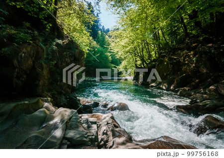 Blue Lagoon, mountain river among the rocks in the forest 99756168