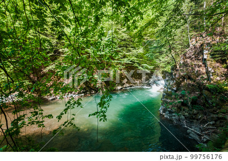 Blue Lagoon, mountain river among the rocks in the forest 99756176