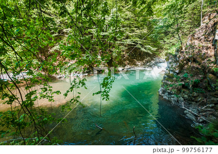 Blue Lagoon, mountain river among the rocks in the forest 99756177