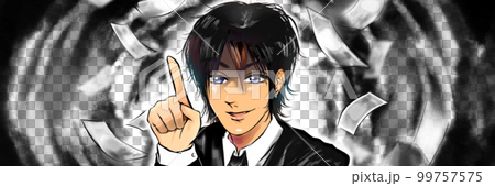 太客から金を巻き上げる2000年代風ホストと紙幣が飛び舞う背景ワイドサイズイラスト透過背景 99757575