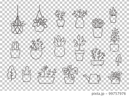 いろんな観葉植物の手描きイラストセット（モノクロ） 99757976