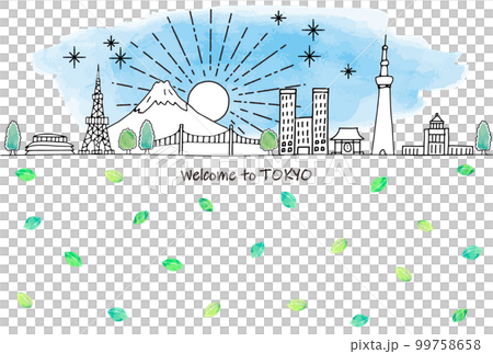 手繪東京旅遊目的地城市景觀天際線與綠葉 99758658