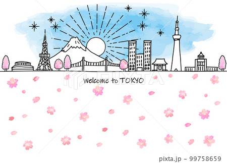 手書きの東京の観光地の街並みスカイラインと桜 99758659