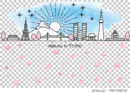 手繪東京旅遊景點城市景觀天際線和櫻花 99758659