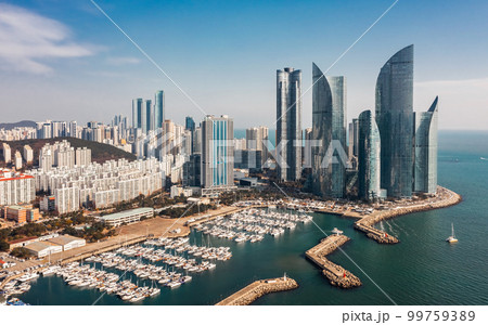 Aerialv view of Haeundae district in Busan 99759389
