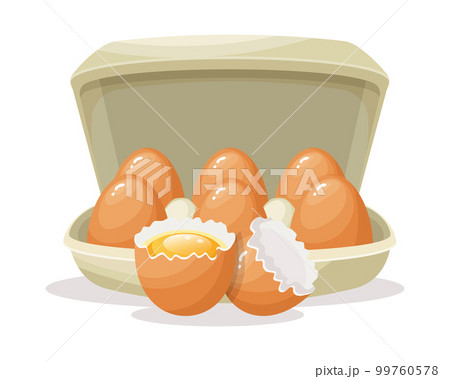 Fresh eggs in a cardboard container and a broken egg, chicken eggs in a box. Food illustration, vector 99760578