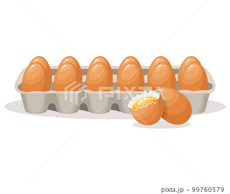 Fresh eggs in a cardboard container and a broken egg, chicken eggs in a box. Food illustration, vector 99760579