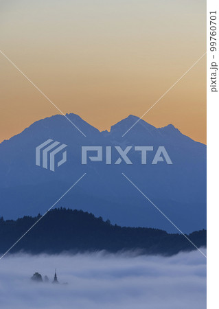 Landscape with St. Thomas Church (Cerkev Sveti Tomaz) near Skofja Loka, Slovenia 99760701