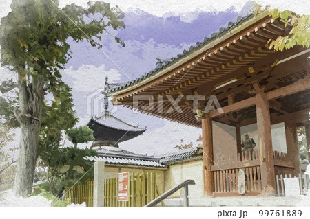 水彩画風　叡福寺　南大門　大阪府南河内郡太子町 99761889