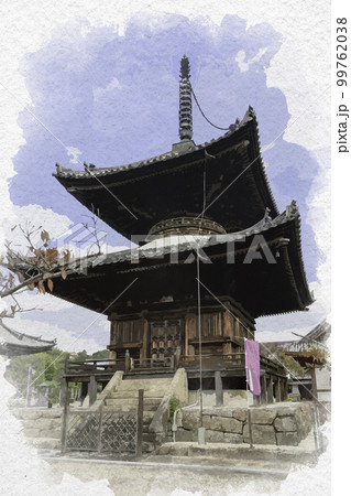 水彩画風 叡福寺 宝塔 大阪府南河内郡太子町 水彩画風 叡福寺 宝塔 大阪府南河内郡太子町 99762038