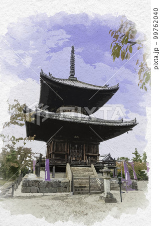 水彩画風 叡福寺 宝塔 大阪府南河内郡太子町 水彩画風 叡福寺 宝塔 大阪府南河内郡太子町 99762040