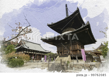 水彩画風 叡福寺 宝塔と金堂 大阪府南河内郡太子町 水彩画風 叡福寺 宝塔と金堂 大阪府南河内郡太子町 99762085