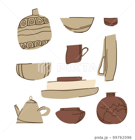 Set of ceramic dishes on a white background, clay vases, plates, cups, pottery master class 99762096