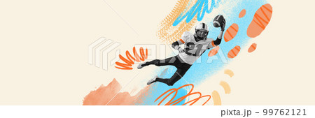 Contemporary art collage. Dynamic portrait of american football player in uniform training, catching ball. Retro style. Concept of sport, vintage, 20s, fashion, action 99762121