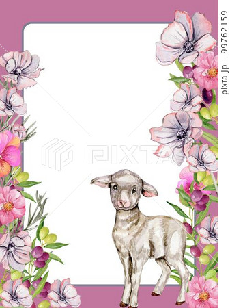 Hand drawn watercolor border template with flowers. Illustration of watercolor , flowers, plants and greeting frame. Pictures for poster, invitation, postcard, background and scrapbook. 99762159
