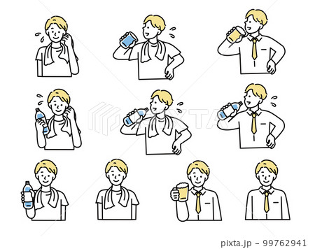 運動、飲み会のイラスト(水分補給、忘年会、ビール、汗をかく、健康、接待) 運動、飲み会のイラスト(水分補給、忘年会、ビール、汗をかく、健康、接待) 99762941